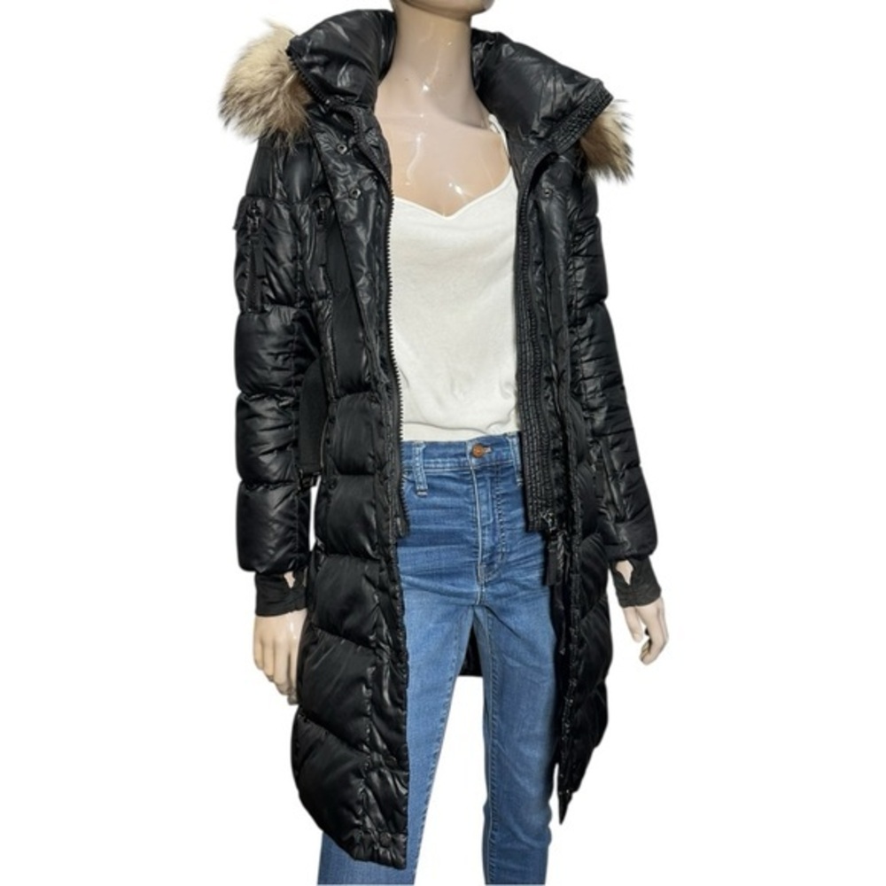 SAM. Women’s XS Black Infinity Fur Trim Hooded Belted 3/4 Length Puffer Jacket